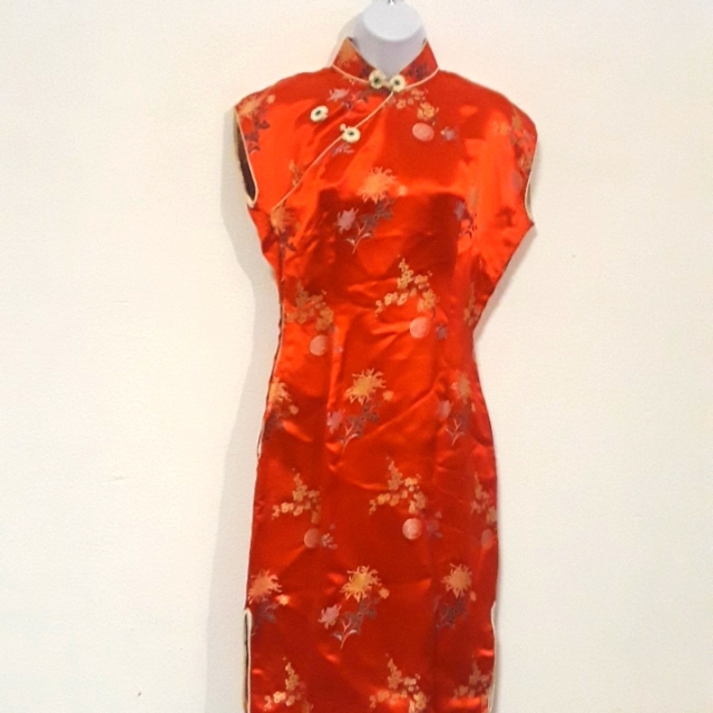 *CDR2 - BEAUTIFUL VTG. ORIENTAL SATIN ASIAN SZ. 38 MEDIUM DRESS